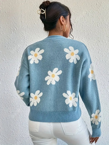 Stickad Dam Tröja Långa Ärmar Blommönster Mjuk Material-2