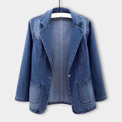 Dam Blazer Denim Stil Med Klassisk Knappstängning och Praktiska Fickor-1