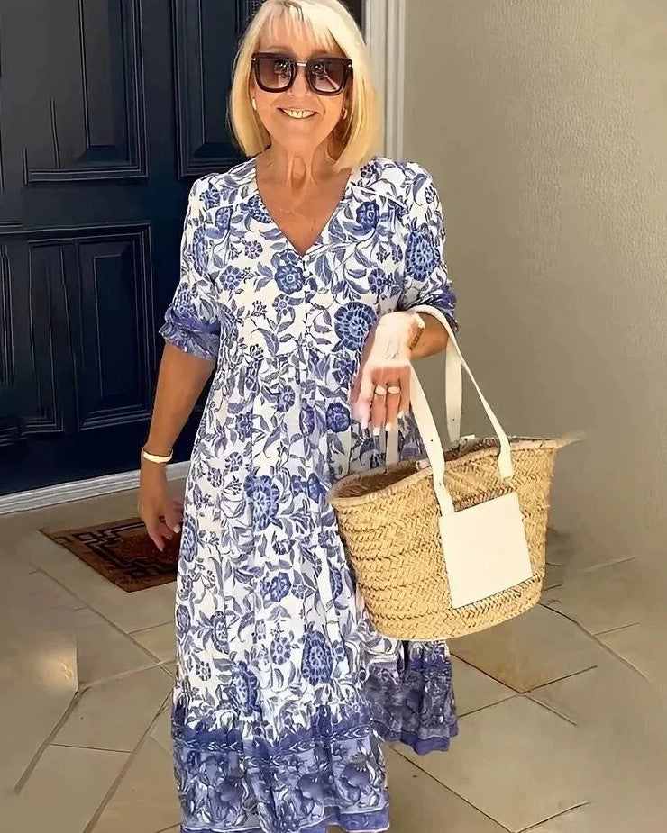 Dam Maxiklänning Löst Fit Blommig V-Hals Sommar 100% Polyester-2