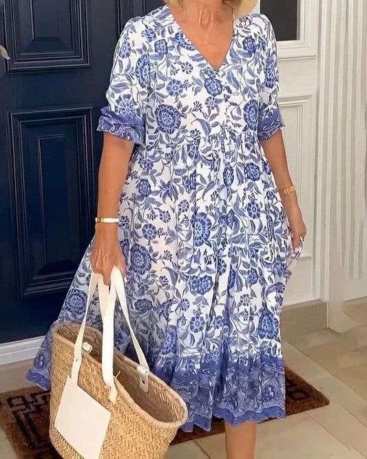 Dam Maxiklänning Löst Fit Blommig V-Hals Sommar 100% Polyester-1