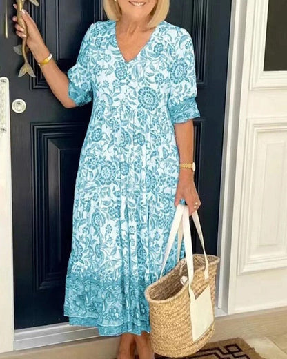 Dam Maxiklänning Löst Fit Blommig V-Hals Sommar 100% Polyester-3