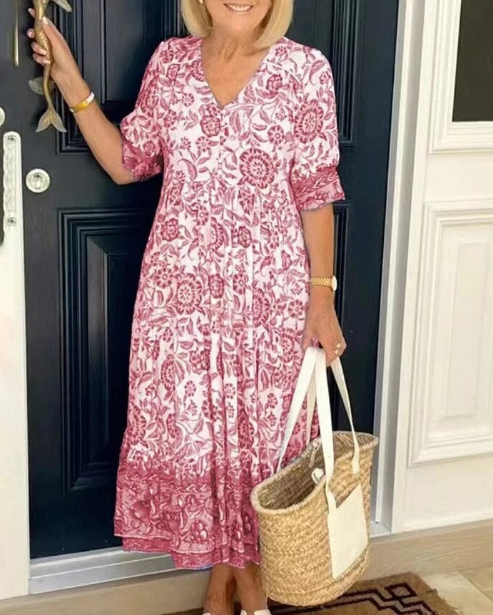 Dam Maxiklänning Löst Fit Blommig V-Hals Sommar 100% Polyester-4