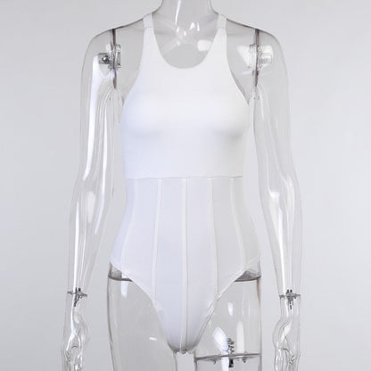 Dam Bodysuit Med Korsade Bärare Polyester Tätt Sittande-4