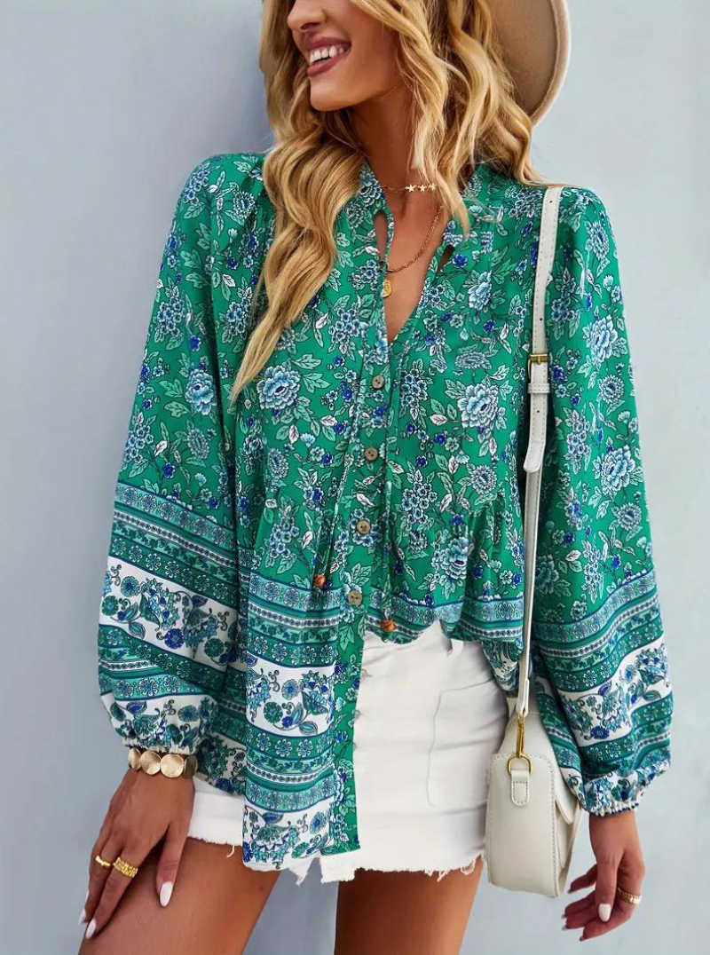 Blommig Blus för Dam med Långa Ärmar – Avslappnad Viskos i Flera Färger och Storlekar 9