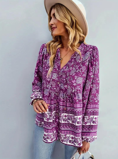 Blommig Blus för Dam med Långa Ärmar – Avslappnad Viskos i Flera Färger och Storlekar 2