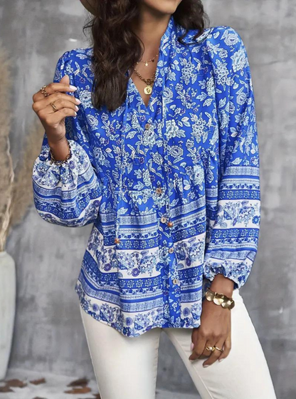 Blommig Blus för Dam med Långa Ärmar – Avslappnad Viskos i Flera Färger och Storlekar 10