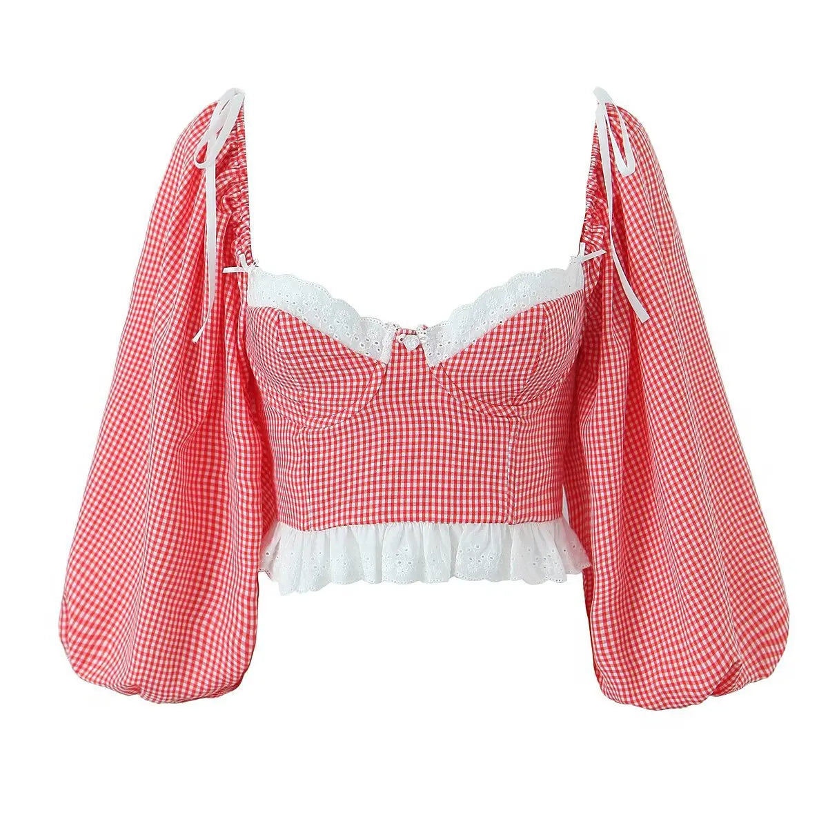 Festtoppar Dam Gingham Topp med Puffärmar och Spetsdetaljer i 100% Bomull-4