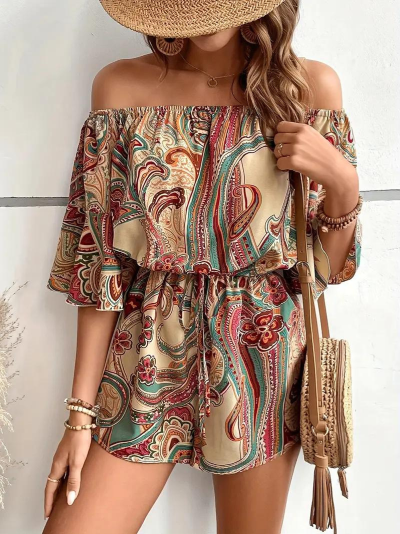 Dam Jumpsuit Off-Shoulder i Paisleytryck – Lätt och Bekväm Polyester, Finns i Flera Färger och Storlekar 4