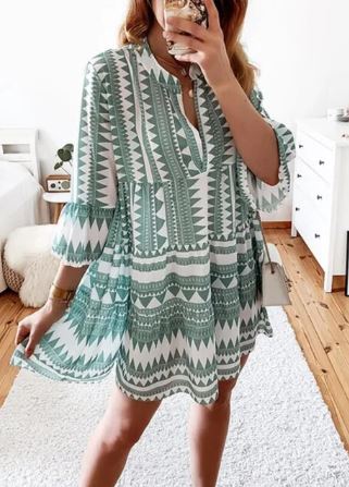 Damklänning Långärmad Löst Klippt Sommarklänning i Polyester-3