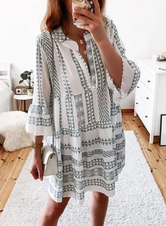 Damklänning Långärmad Löst Klippt Sommarklänning i Polyester-5