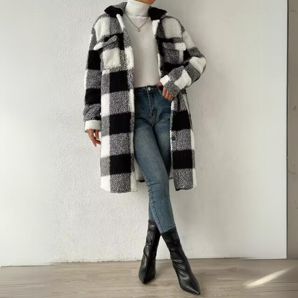 Lång Vinterjacka Dam i Rutigt Design av Naturliga Material – Elegant och Bekväm Passform 7