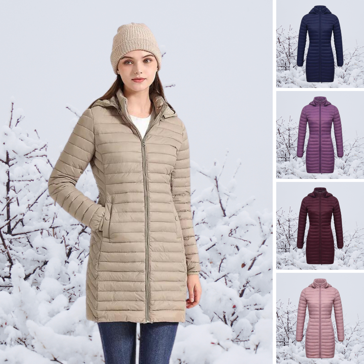 Dam Lång Parkajacka med Huva Polyester Vinter-3