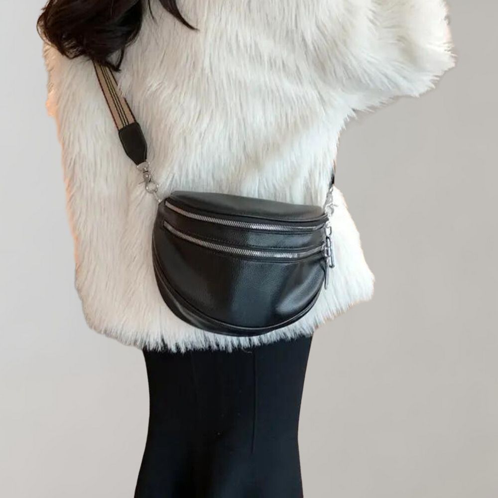 Kvinnors Crossbody Väska Läder Med Flera Dragkedjor Justerbar Rem-4