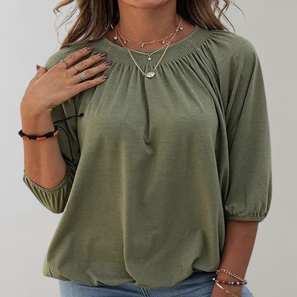 Vit Dam Blus Puffärmar Smockad Halsringning Polyester-4