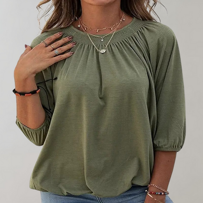 Vit Dam Blus Puffärmar Smockad Halsringning Polyester-4