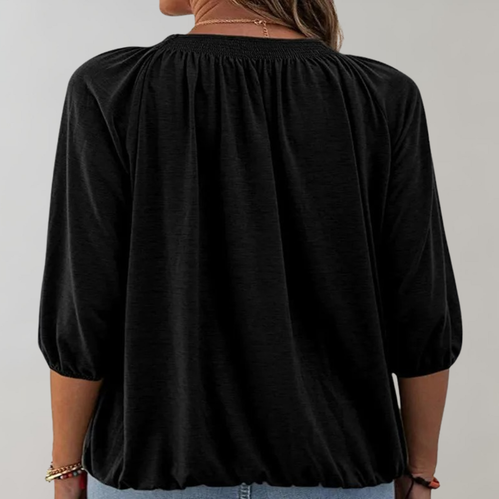 Vit Dam Blus Puffärmar Smockad Halsringning Polyester-2