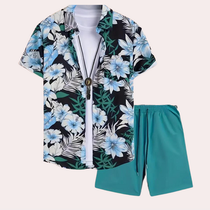 Herr Blommig Tvådelad Sommardräkt Högkvalitativt Tyg-2