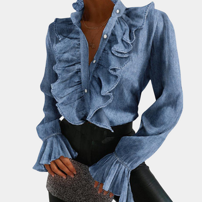 Dam Denimblus Ruffled Denim med Knappdetalj-1