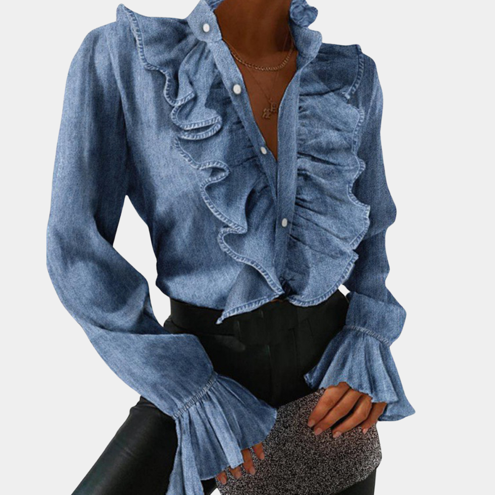Dam Denimblus Ruffled Denim med Knappdetalj-2