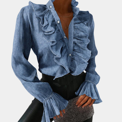 Dam Denimblus Ruffled Denim med Knappdetalj-2