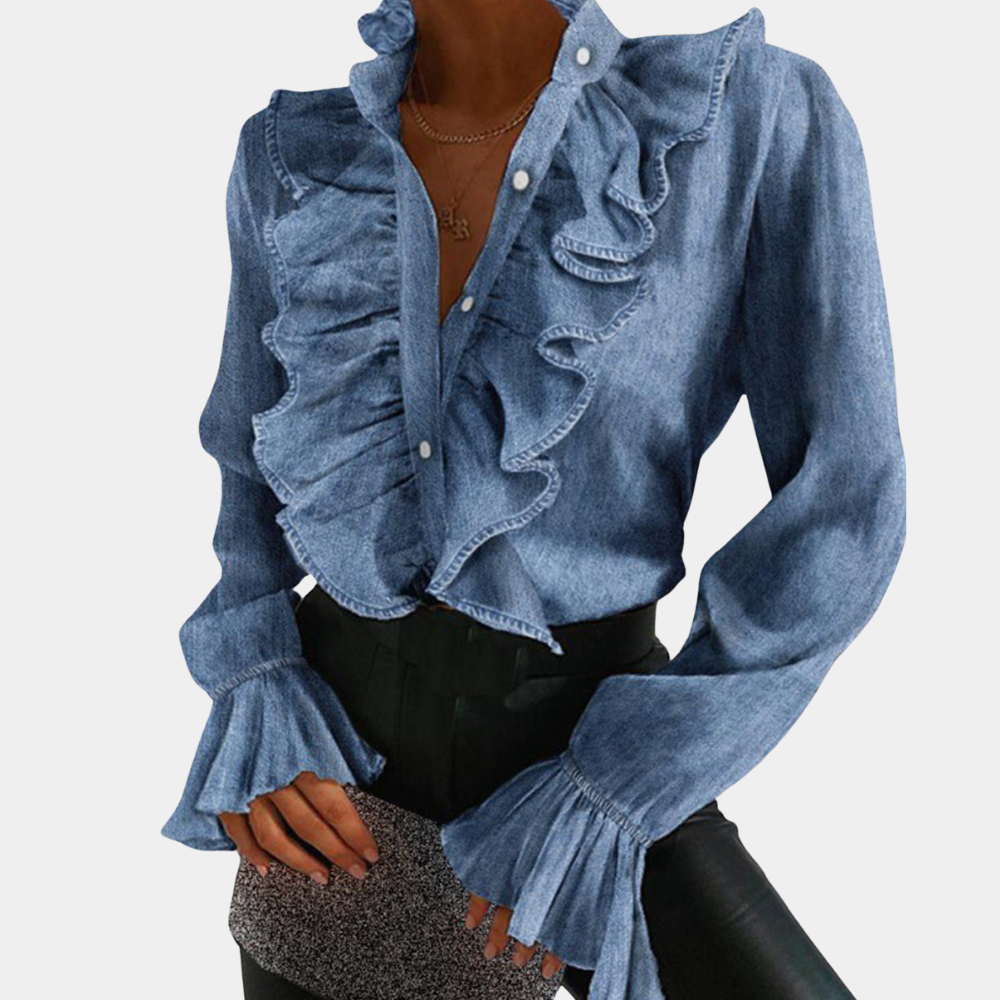 Variant image for Dam Denimblus Ruffled Denim med Knappdetalj-1