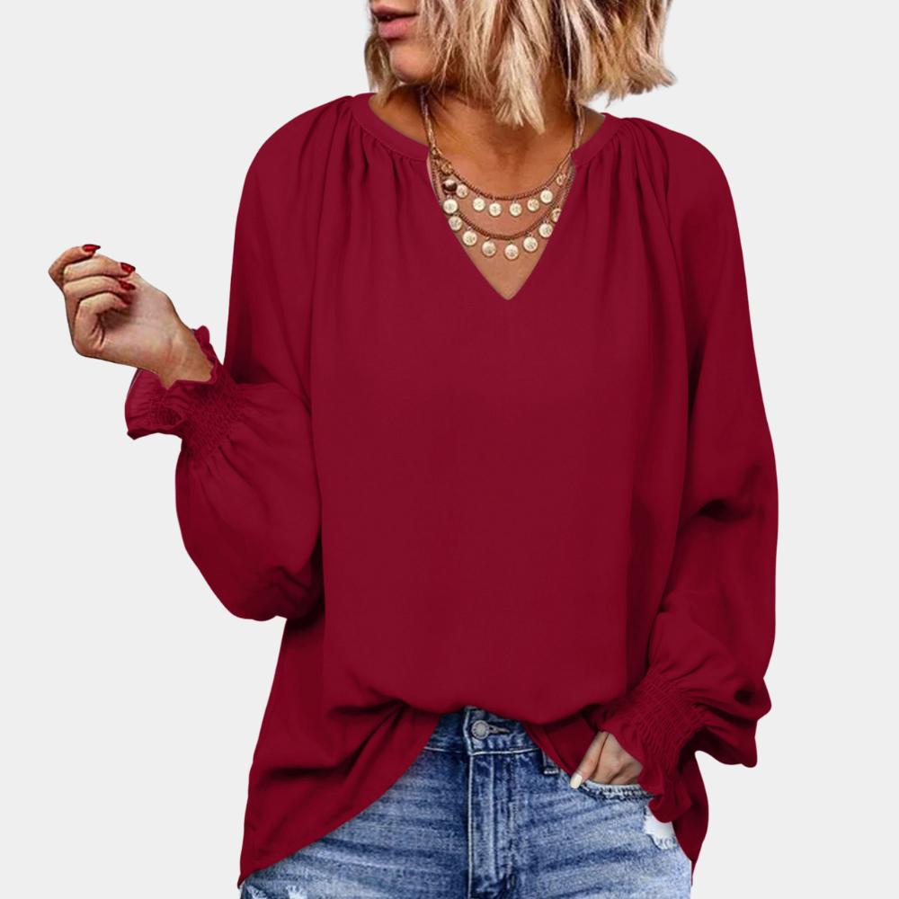 Dam Blus med Ruffles V-ringning Löst Passform Polyester-2