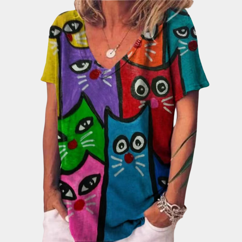 Variant image for Dam T Shirt Kattmönster Avslappnad Bomull-13