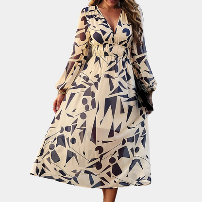 Dam Blommig Klänning med Långa Ärmar och Justerbart Midjebälte 5