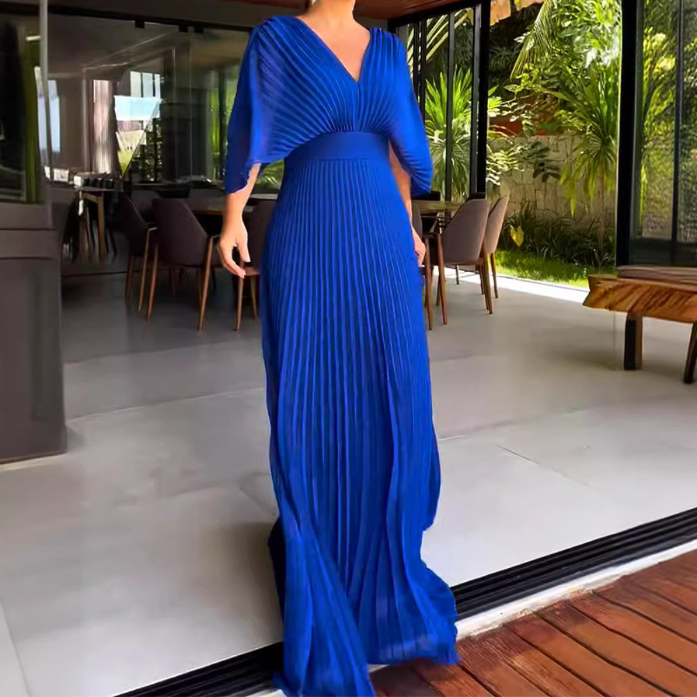 Variant image for Maxiklänning Dam V-ringning Flödande Ärmar Mjuk Tygblandning-6