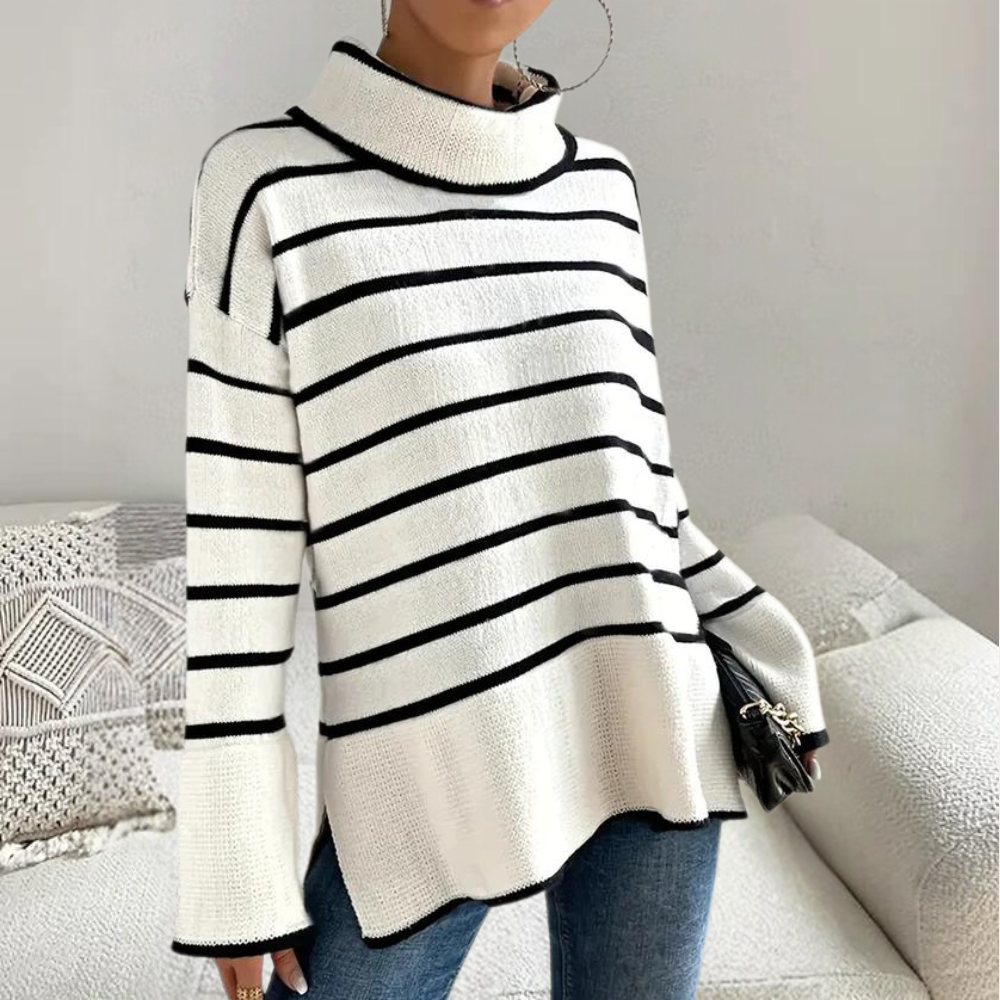 Dam Turtleneck Tröja Randig Mjuk Andningsbar Design-6