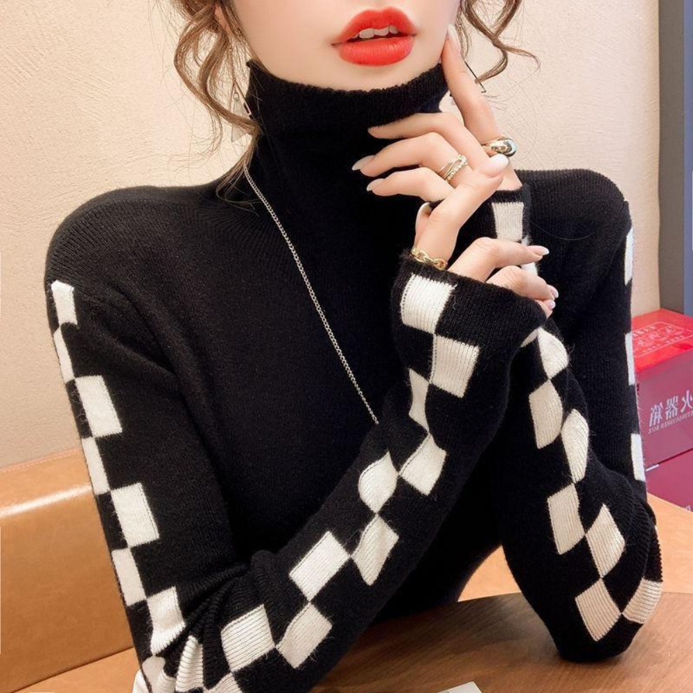 Variant image for Stickad Dam Tröja Turtleneck Caro-design Mjuk Material-5