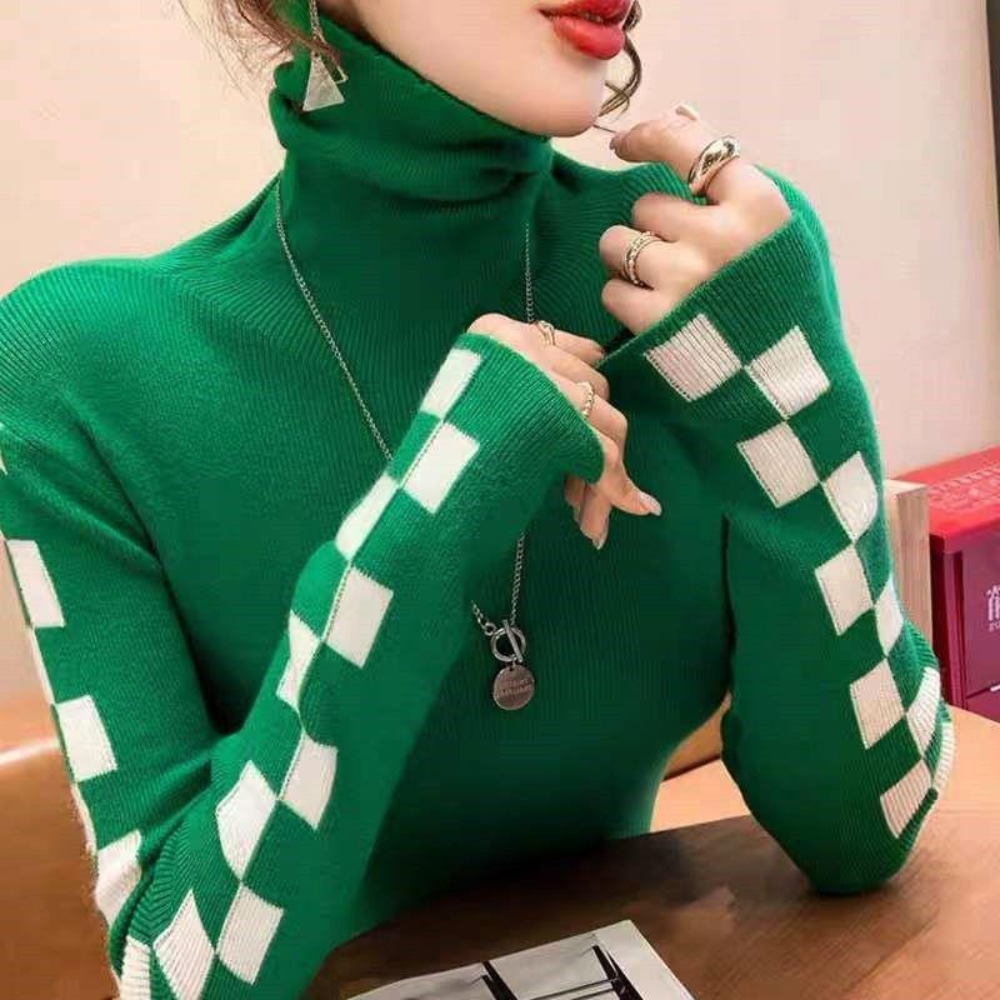 Stickad Dam Tröja Turtleneck Caro-design Mjuk Material-1