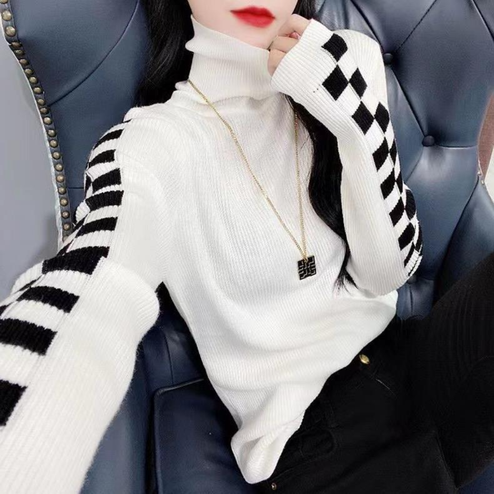 Stickad Dam Tröja Turtleneck Caro-design Mjuk Material-4