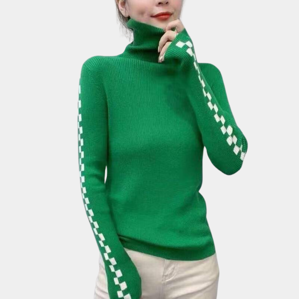 Stickad Dam Tröja Turtleneck Caro-design Mjuk Material-2