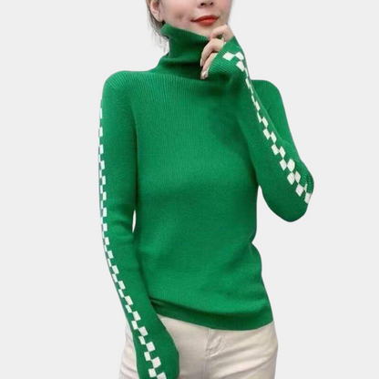 Stickad Dam Tröja Turtleneck Caro-design Mjuk Material-2