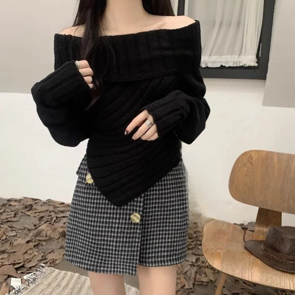 Stickad Dam Tröja med Axelkuddar Mjuk Design-2