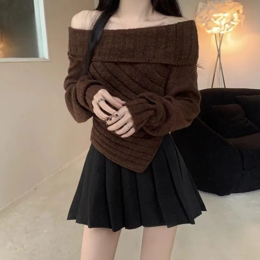 Stickad Dam Tröja med Axelkuddar Mjuk Design-1