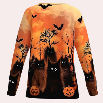 Dam T-shirt Halloween Katttryck Mjuk Bomull-1