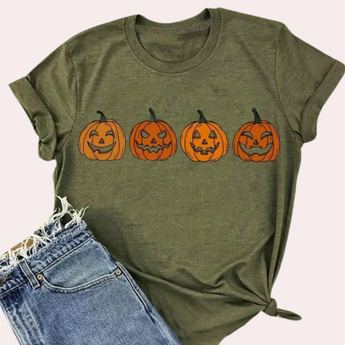 Dam T-shirt Halloween Pumpa Avslappnad 100% Bomull-1