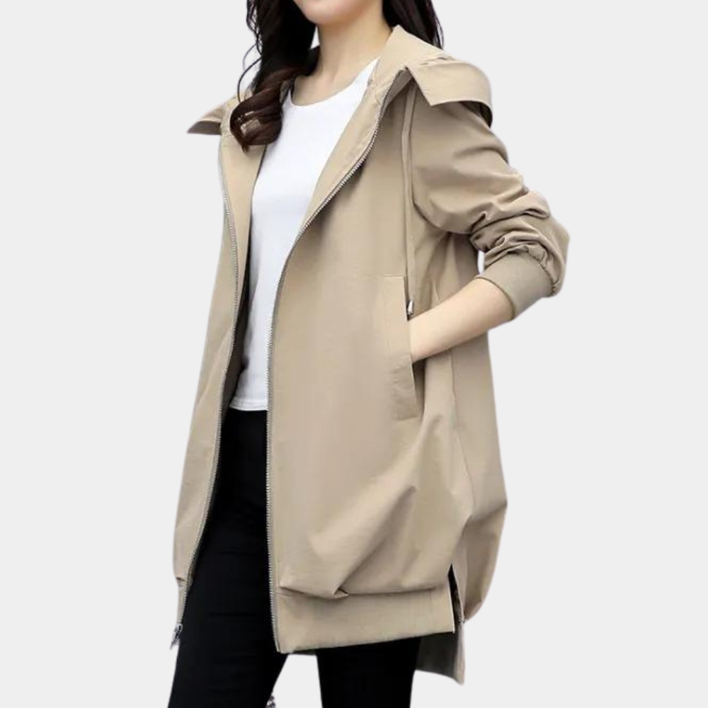 Kvinnors Lång Vinterjacka Med Huva Hållbar Tyg-6