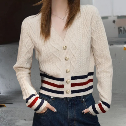 Dam V-ringad Kofta Randig Stickad med Knappdesign-2