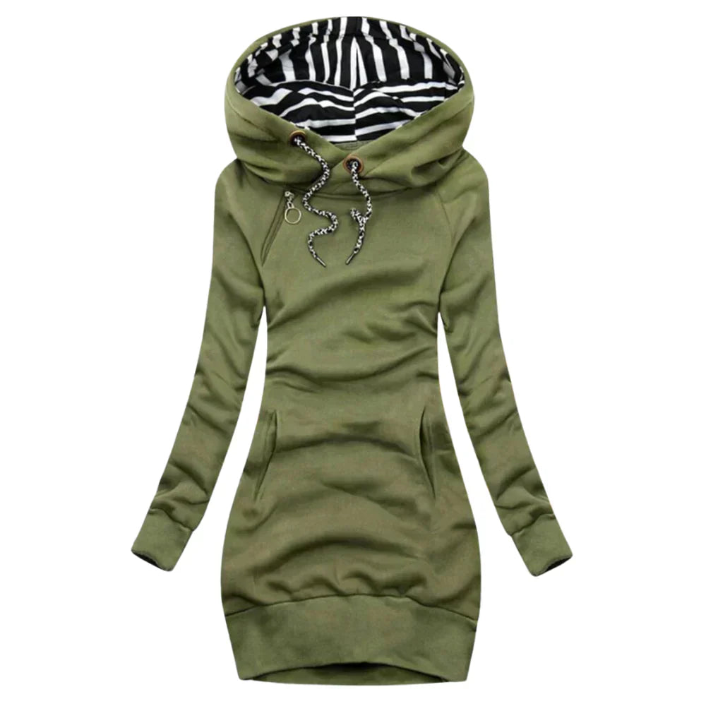 Damklänning Avslappnad med Huva Bomullsblandning Långa Ärmar-3