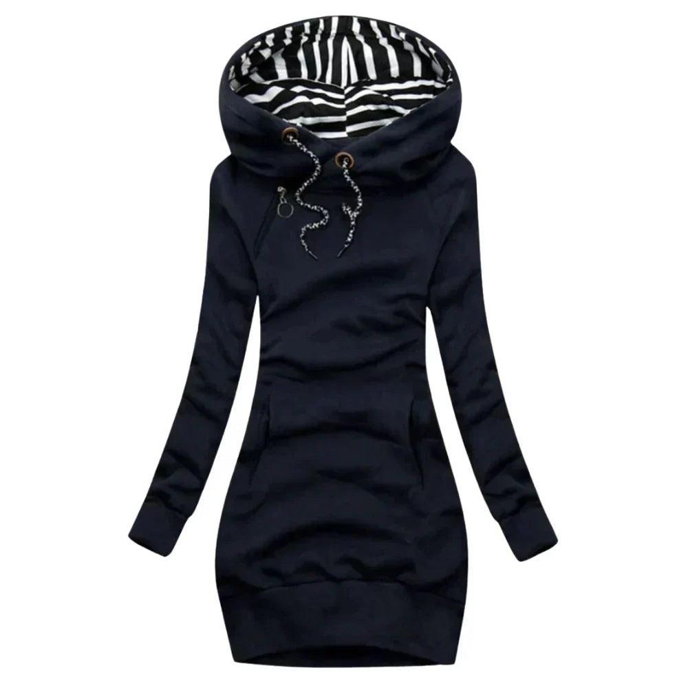 Damklänning Avslappnad med Huva Bomullsblandning Långa Ärmar-4