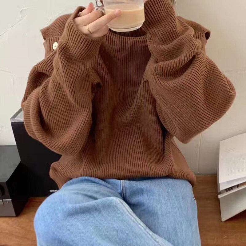 Dam Tröja Off-Shoulder med Stand-Up Krage i Bomull och Polyester-3