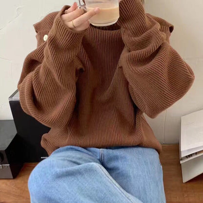 Dam Tröja Off-Shoulder med Stand-Up Krage i Bomull och Polyester-3