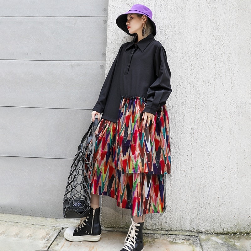 Dam Midi Klänning Oregelbunden Design A-Linje Polyester Långärmad-3