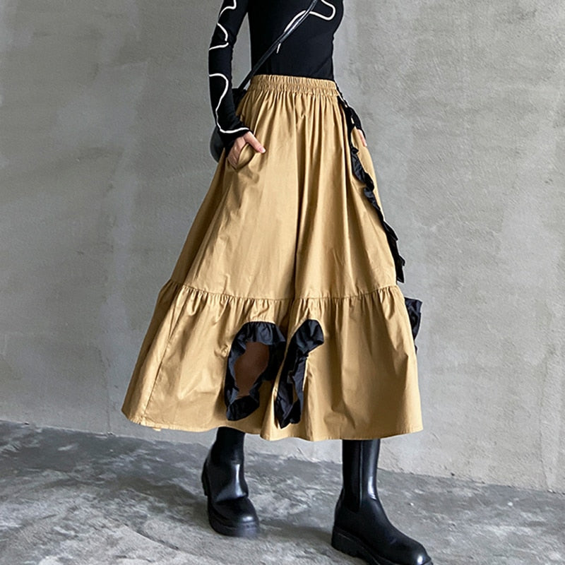 Dam Midi Kjol A-linjeformad Rutig Bomull Polyester-3