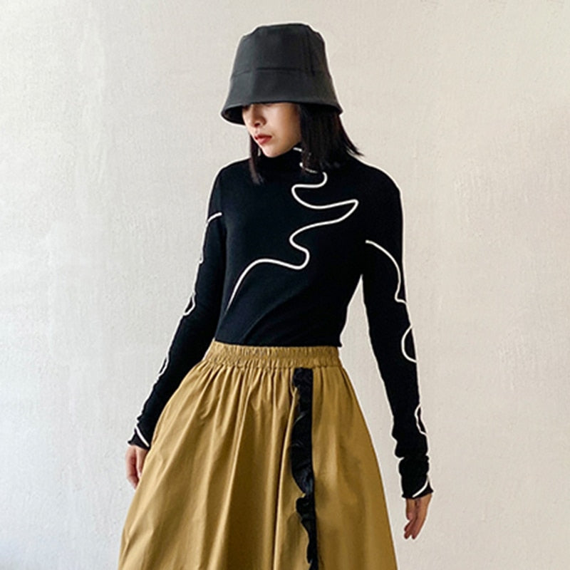 Dam Turtleneck Tröja Randig Bomull Polyester 2