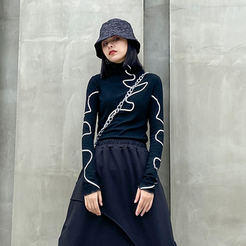 Dam Turtleneck Tröja Randig Bomull Polyester 3