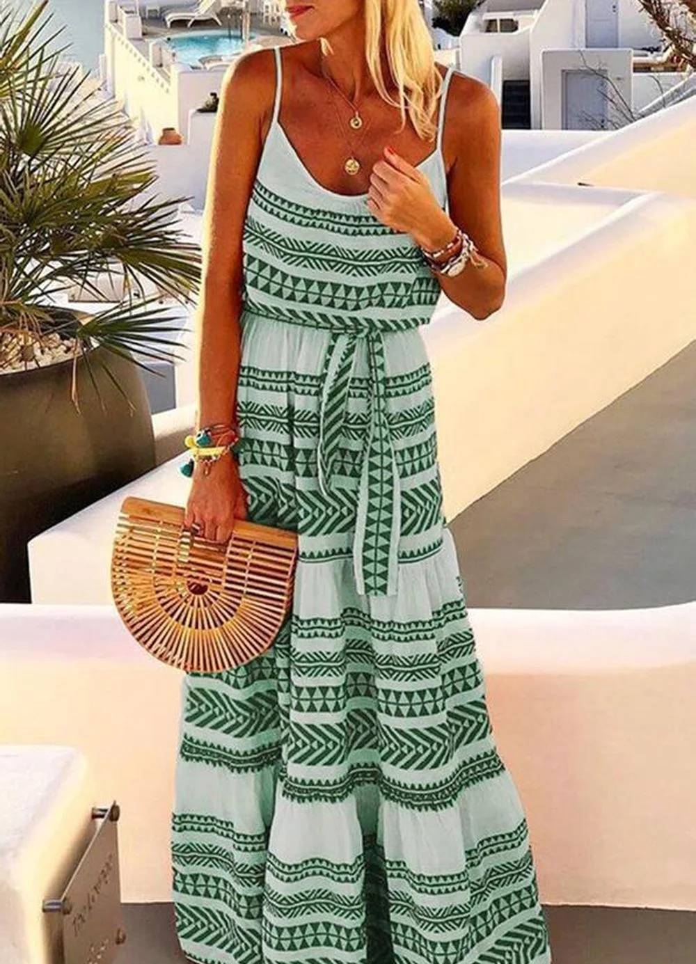 Dam Stropplös Klänning Bohemisk Geometriskt Mönster för Sommarfest-4